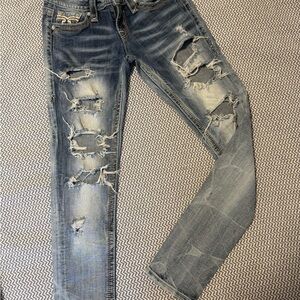 Rock Revival Blue Distressed Jeans with Embroidered Details